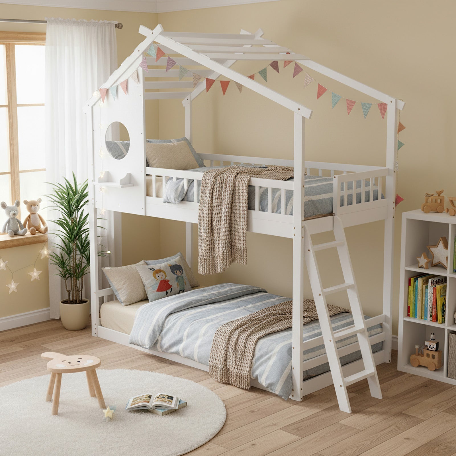 Low-Profile Twin House Bunk Bed with Side Ladder