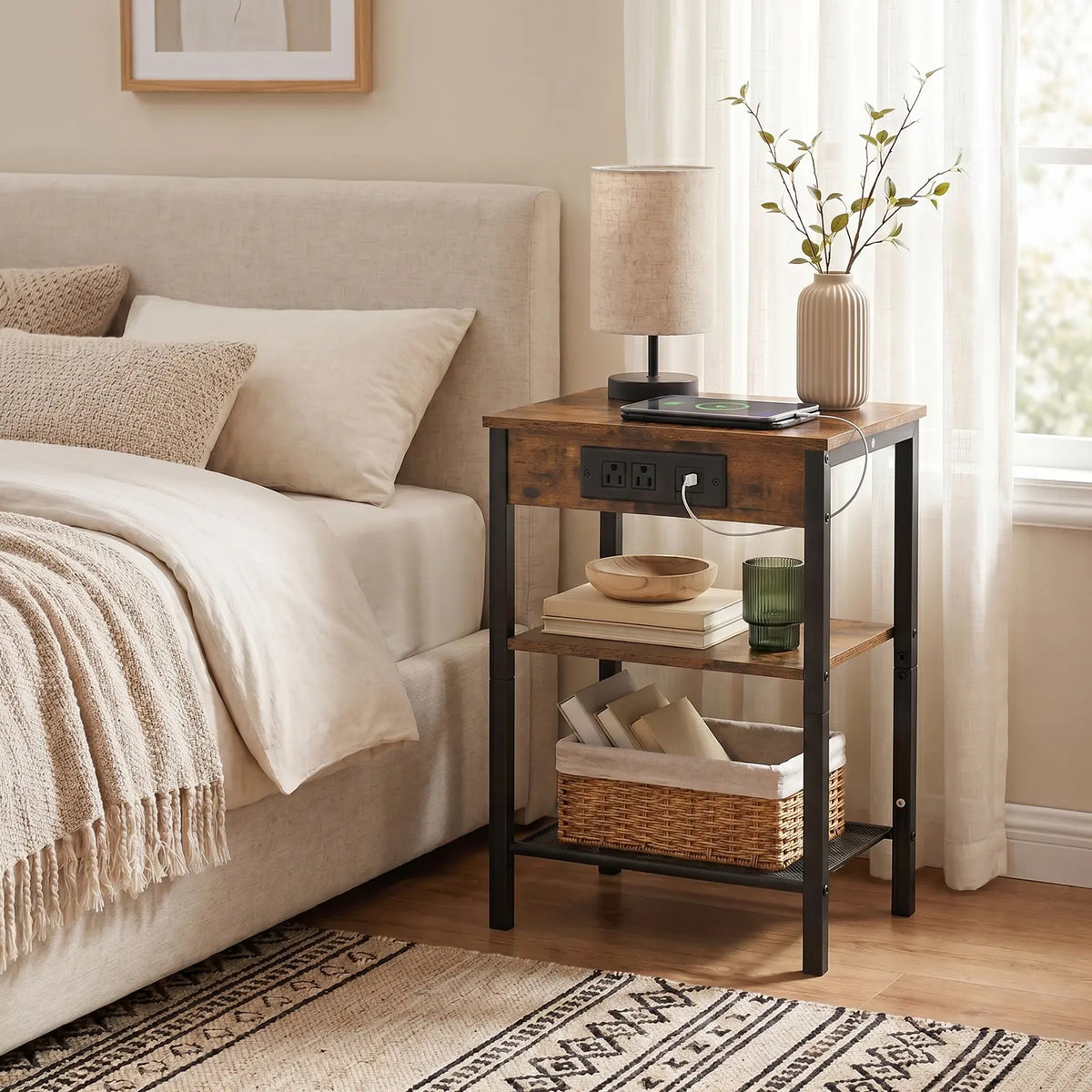 15.7" Side Table with Charging Station – 3-Tier Adjustable Bedside Table with AC Outlets, USB & Type-C