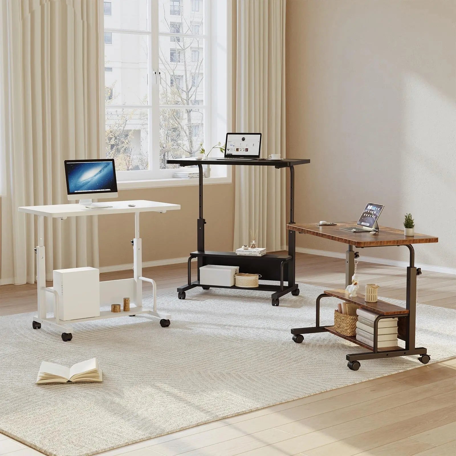 31.5" Adjustable Height Standing Desk with Lockable Wheels & Dual-Layer Storage