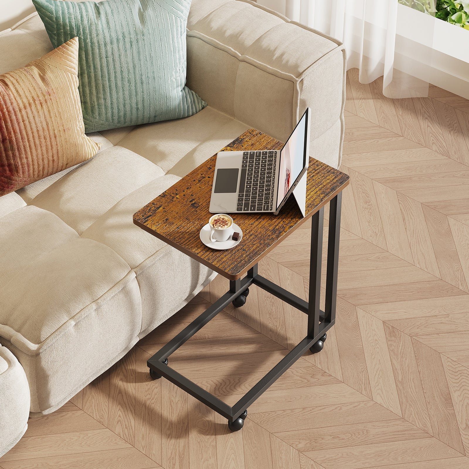 C-Shaped Steel Side Table with Casters