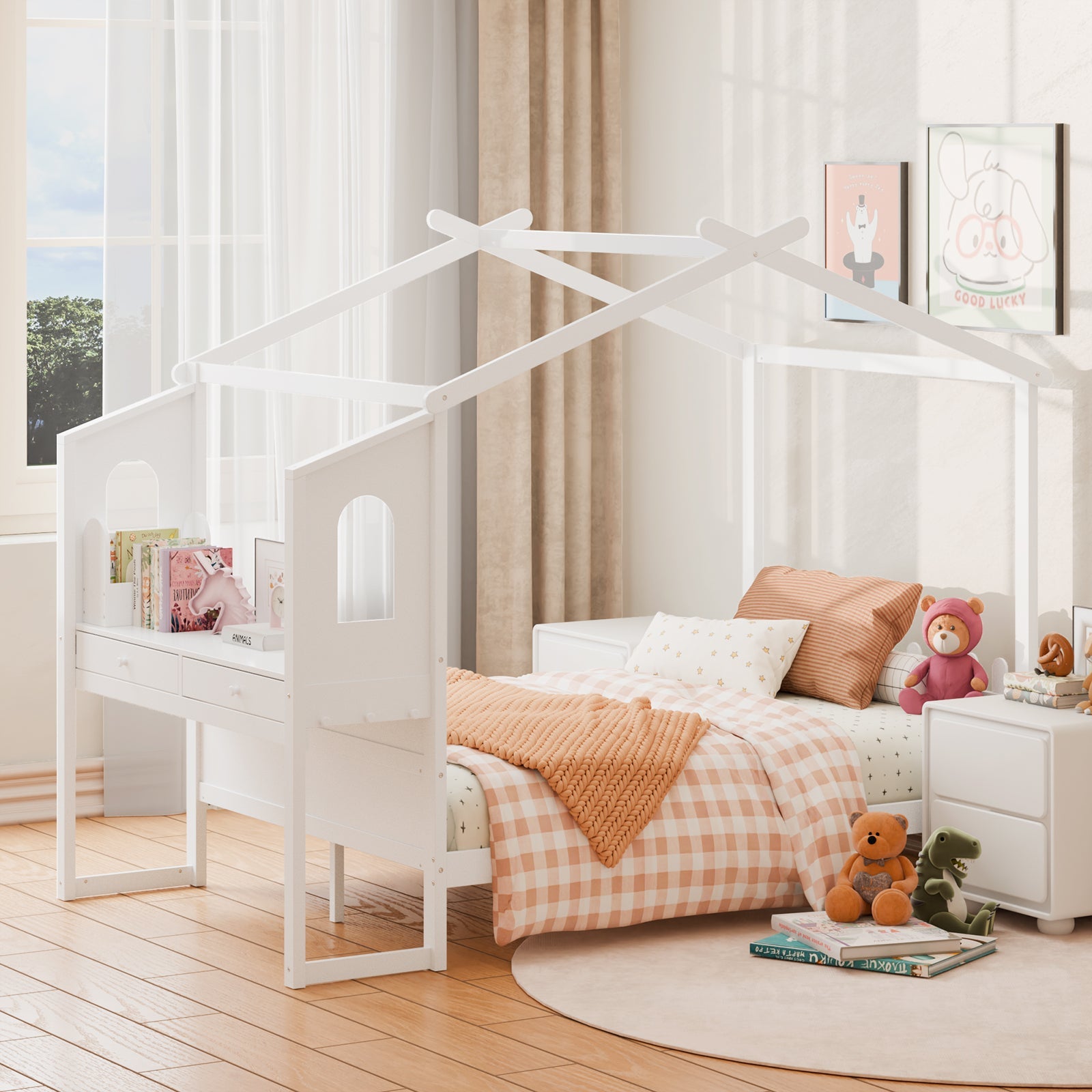White Wooden House Bed Frame with Desk