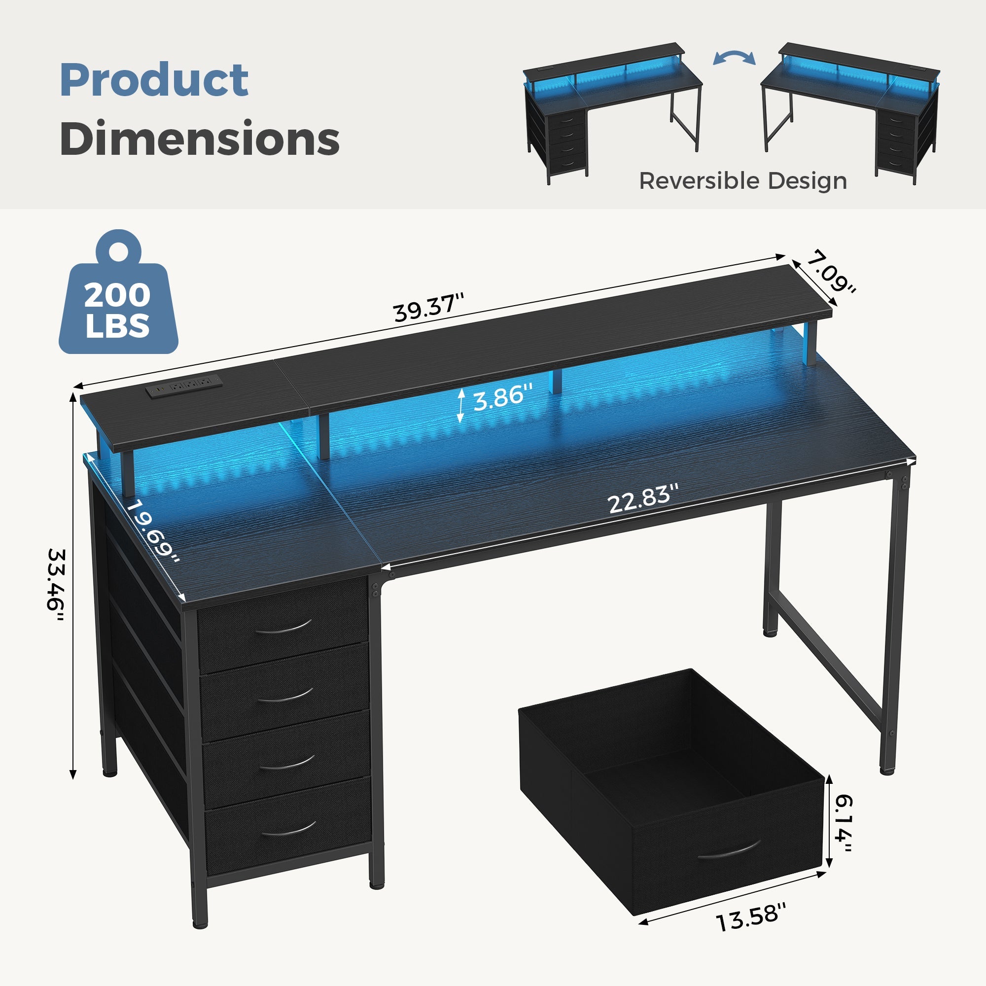 LED Computer Desk with Drawers and Charging