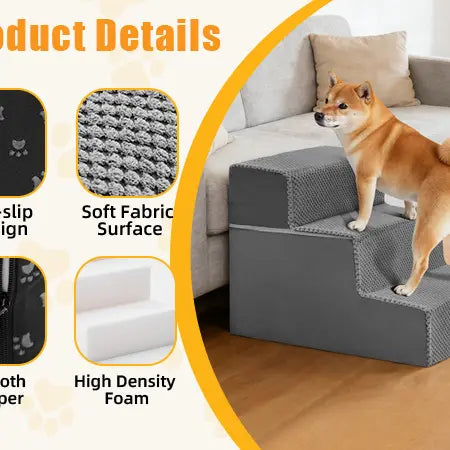 Pet Stairs for Dogs & Cats – Foam Dog Steps with Anti-Slip Base & Washable Cover, 3/4/5 Steps