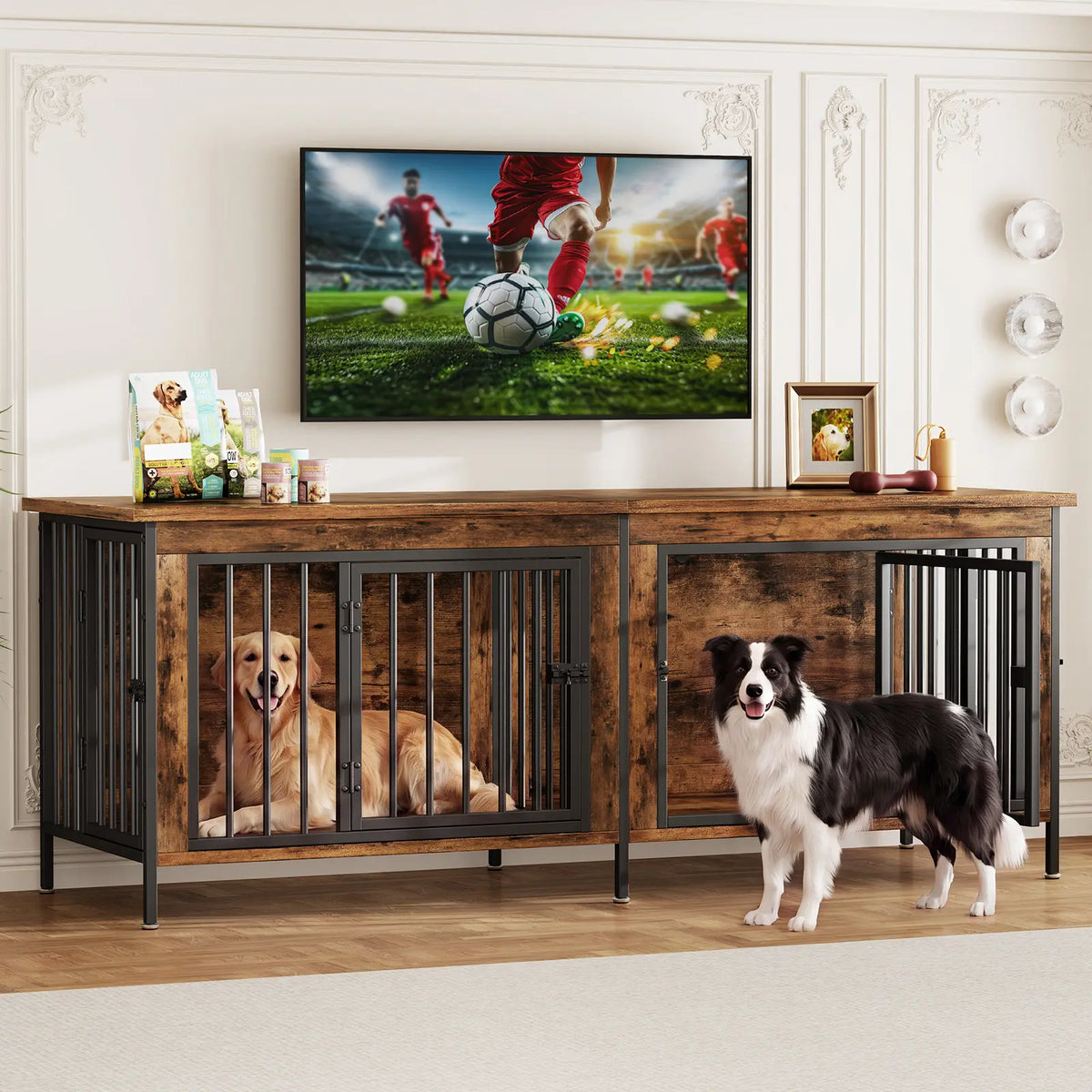 Heavy Duty Double Dog Crate with Divider for 2 Dogs | Indoor Wooden Dog Kennel TV Stand & End Table