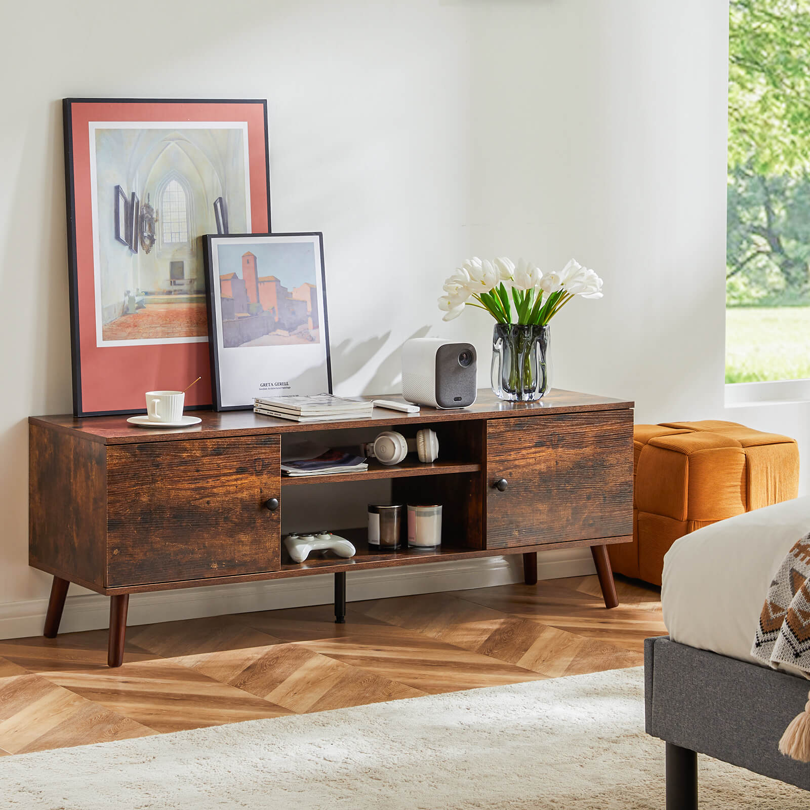 Walnut Wood 60" TV Stand Double Cabinet