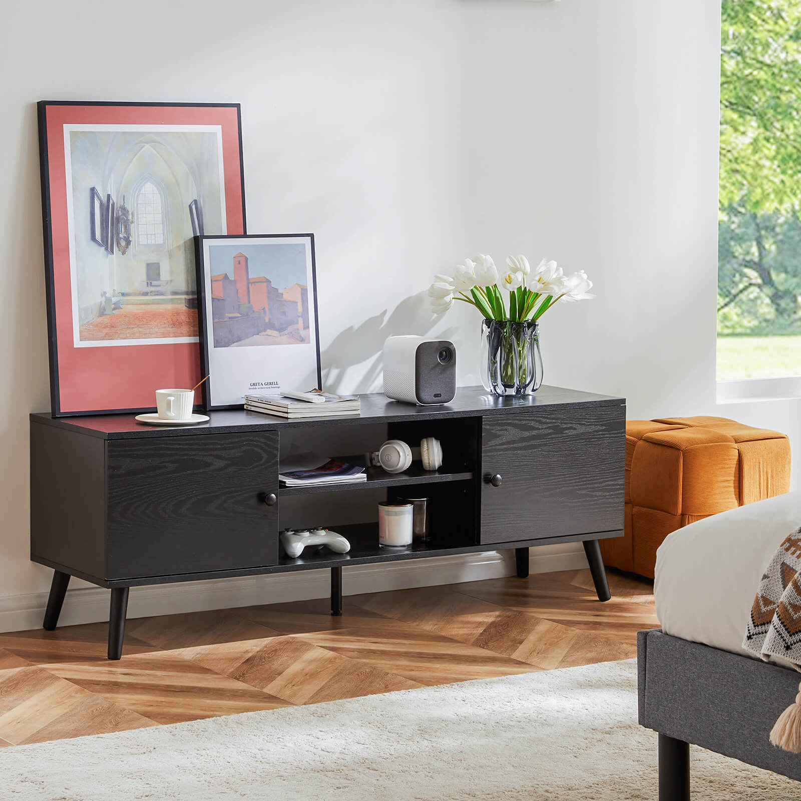 Walnut Wood 60" TV Stand Double Cabinet