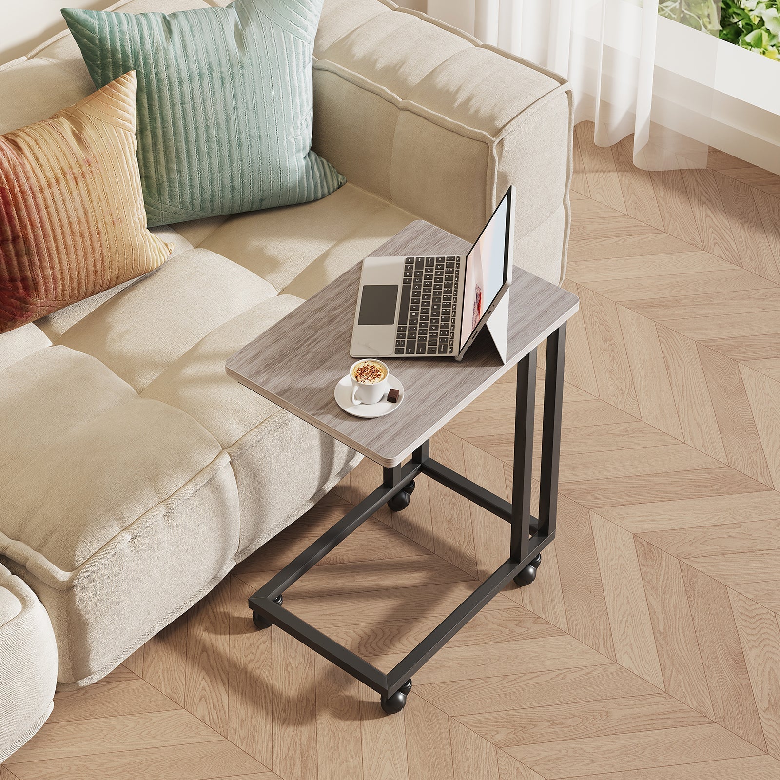 C-Shaped Steel Side Table with Casters