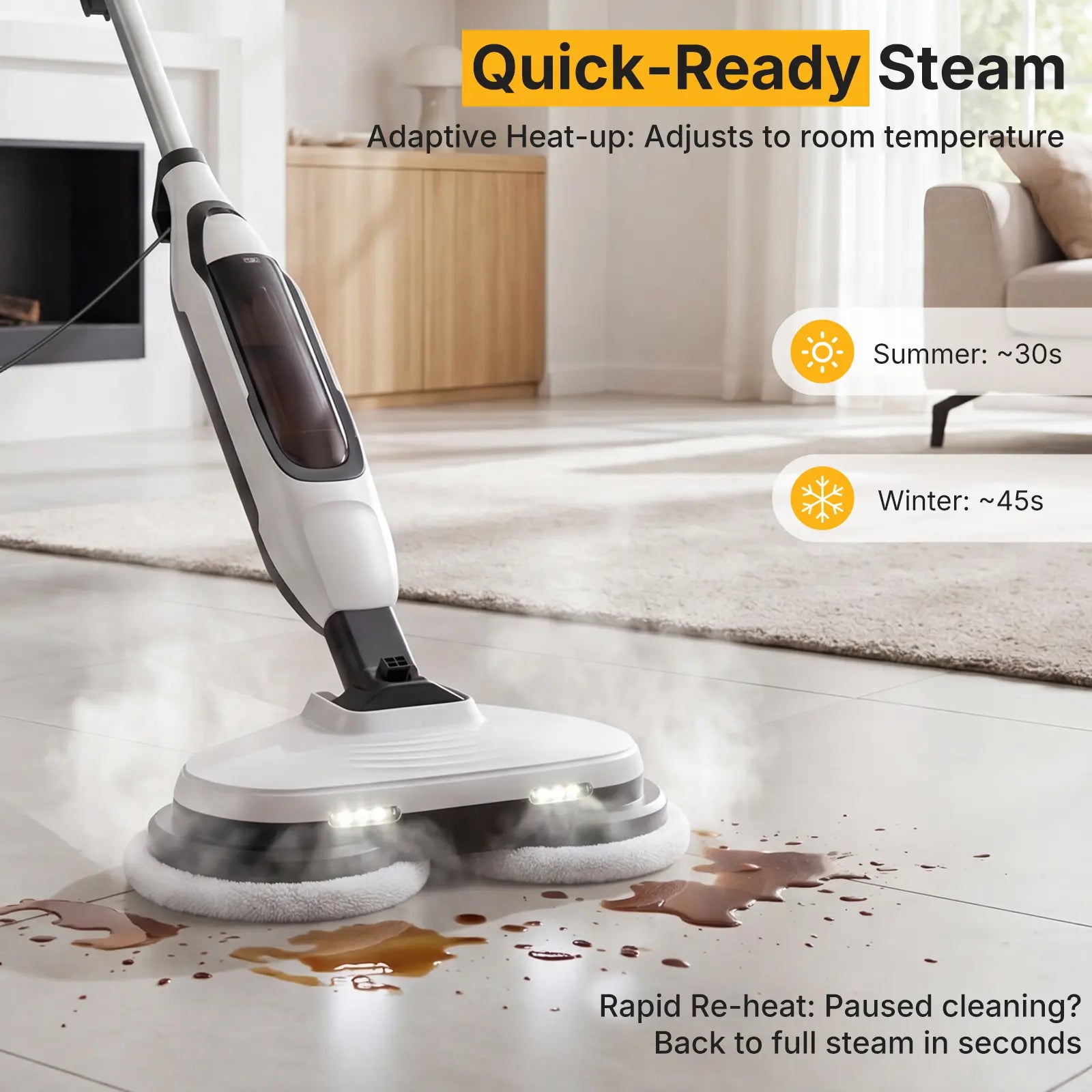 Hard Floor Steam Mop with Dual Rotating Heads – 3 Steam Modes, LED Headlights & Washable Pads