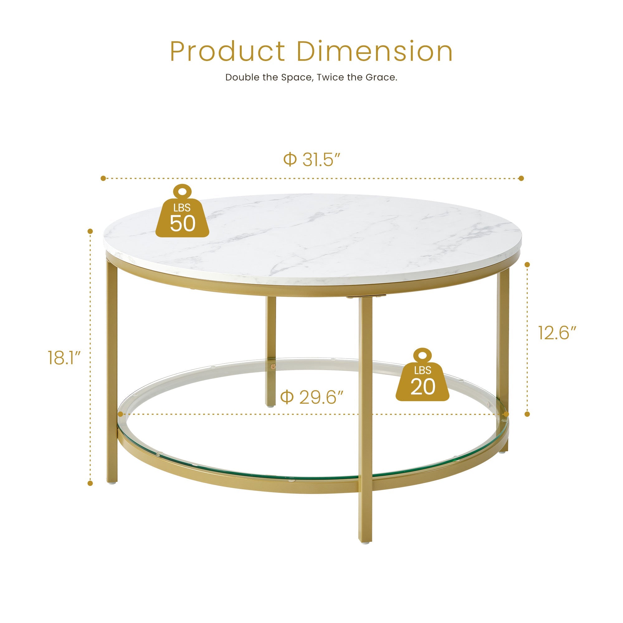 Round Faux Marble Top Glass Shelf Coffee Table