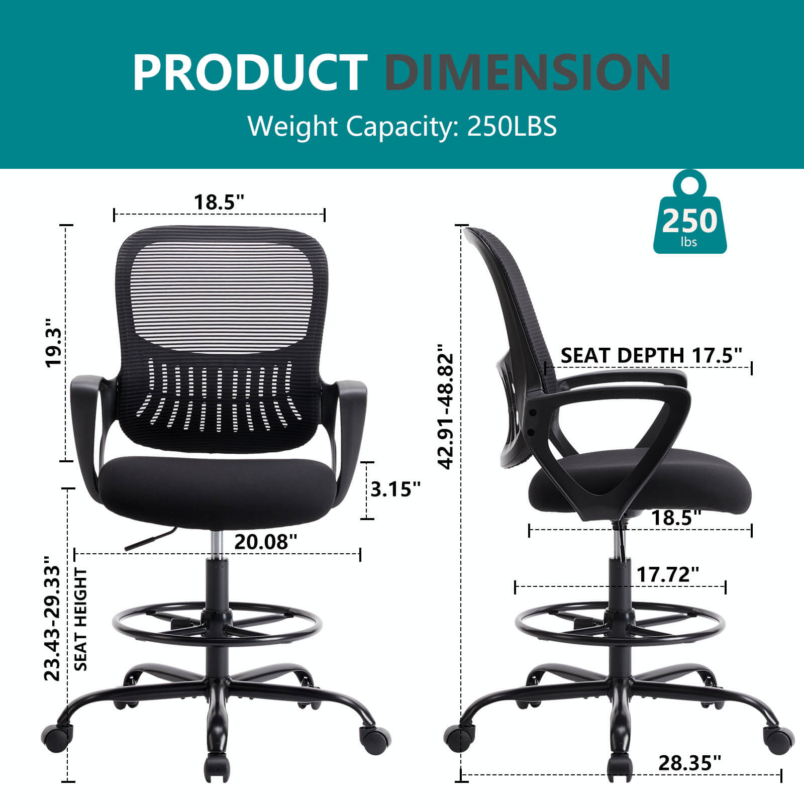 Ergonomic Tall Drafting Chair Height Adjustable