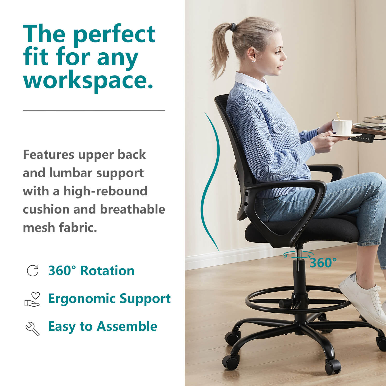 Ergonomic Tall Drafting Chair Height Adjustable
