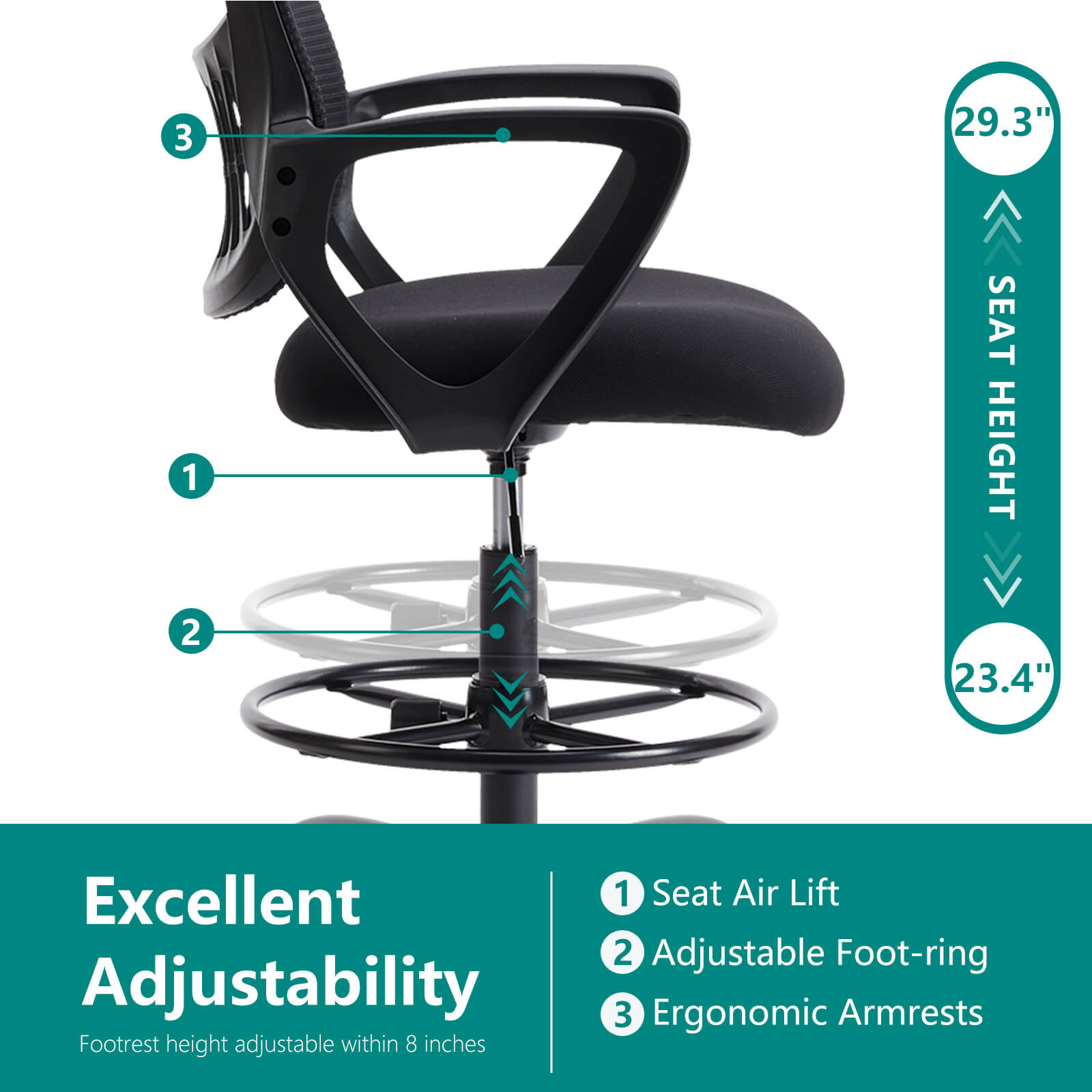 Ergonomic Tall Drafting Chair Height Adjustable