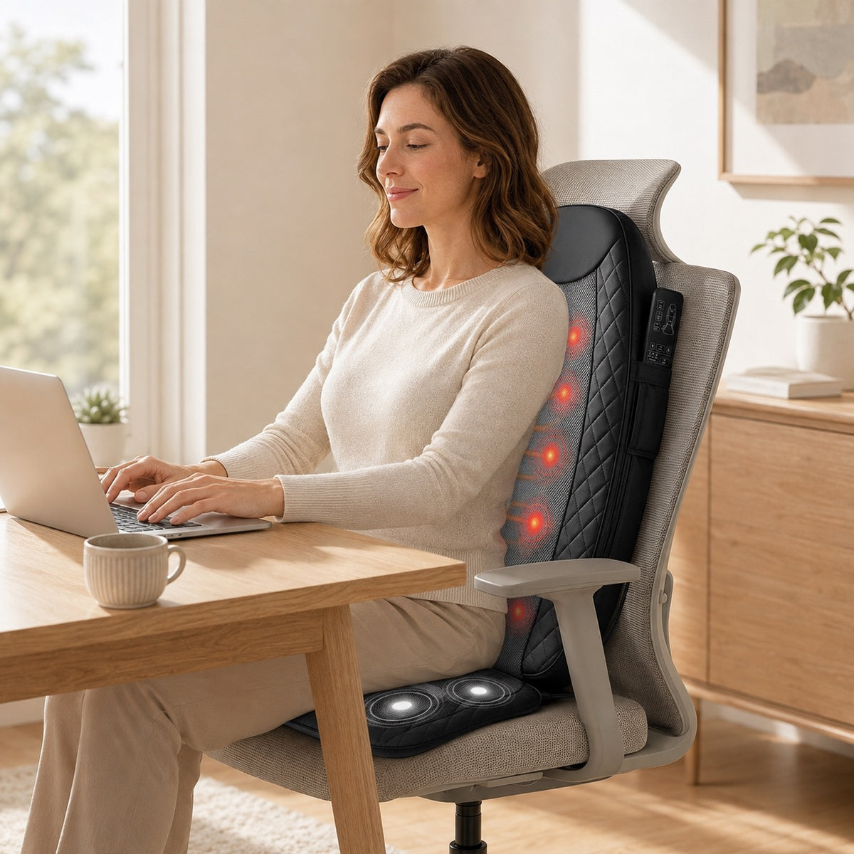 Woman using Warebay heated massage chair pad on an office chair while working on a laptop