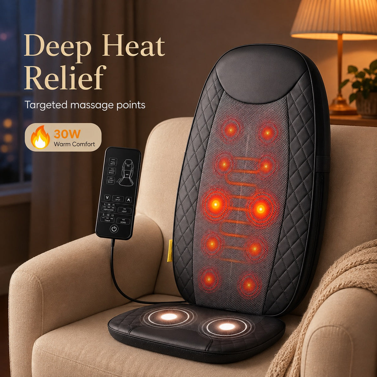 Heated massage chair pad with illustrated back massage zones, wired remote and 30W heating label