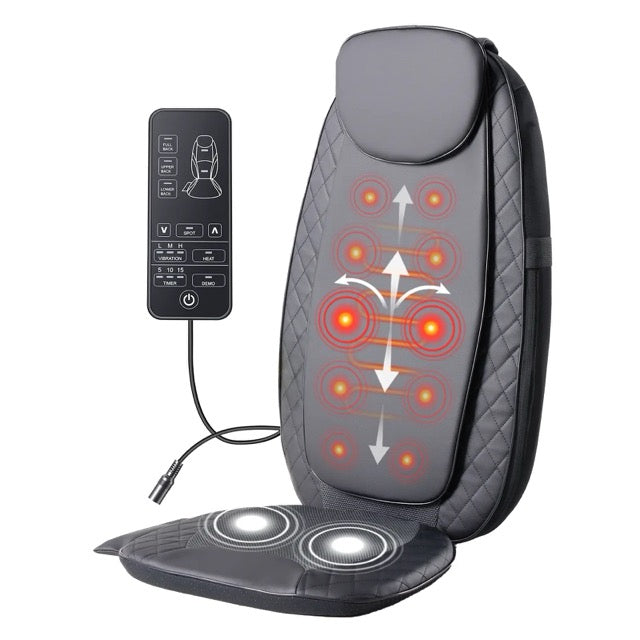 Gray heated back massager with wired remote, illustrated back massage motion and vibrating seat cushion on a white background