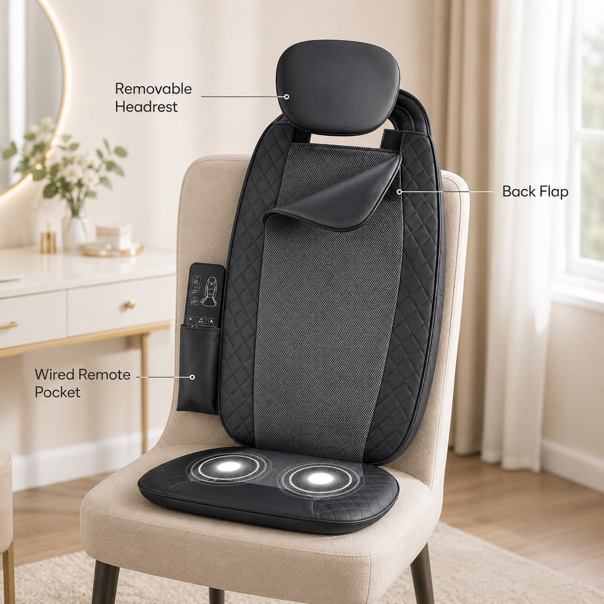 Back massage chair pad showing a removable headrest, back flap and wired remote storage pocket