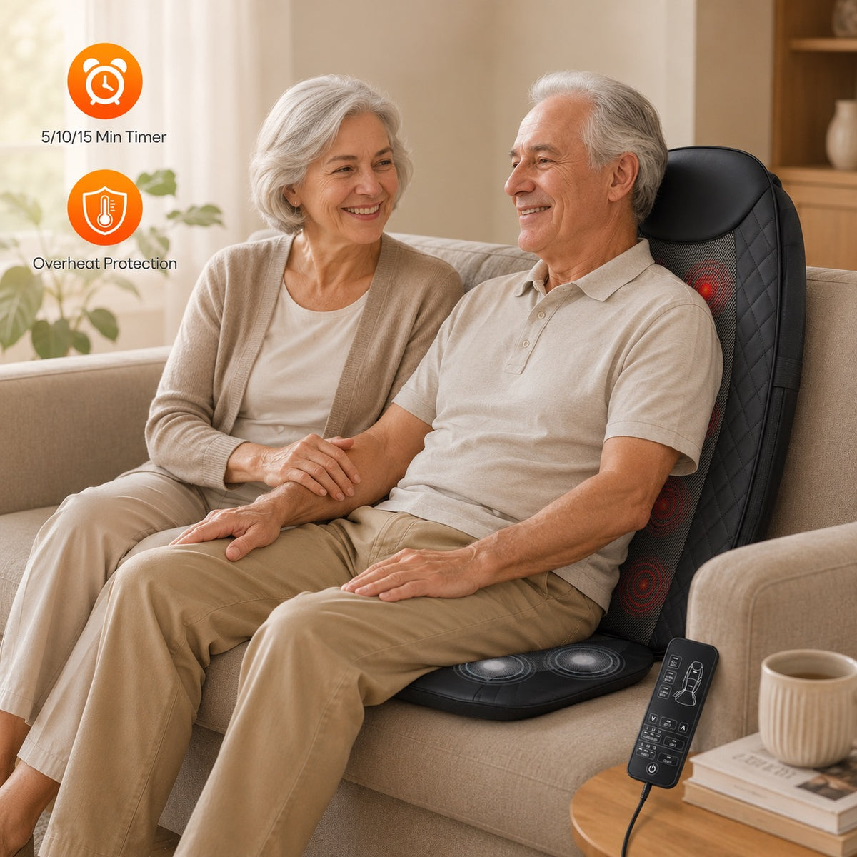 Older man using Warebay heated back massager, with labels showing a 5, 10 or 15 minute timer and overheat protection