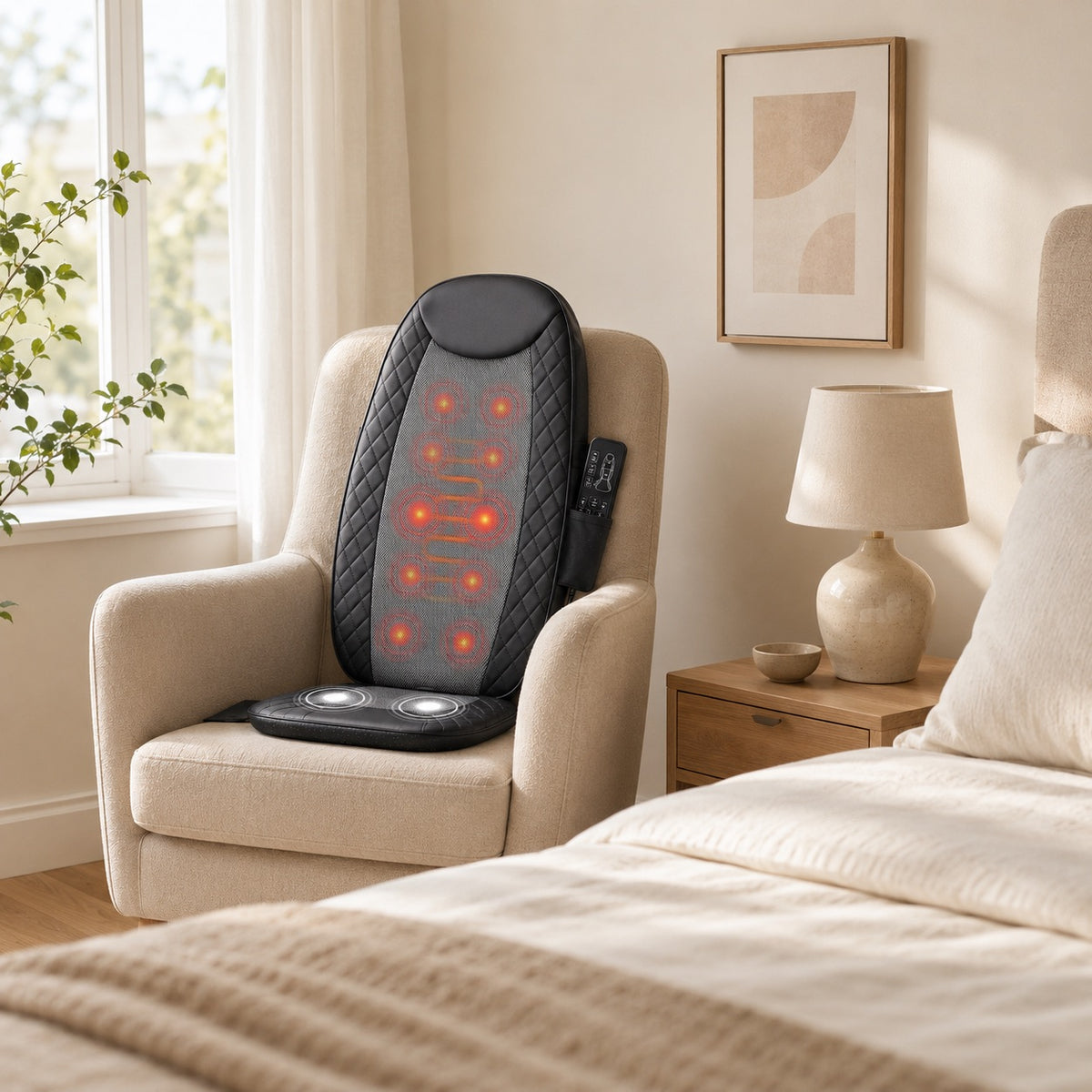 Warebay Heated back massage pad on a bedroom armchair, with illustrated massage zones and seat vibration