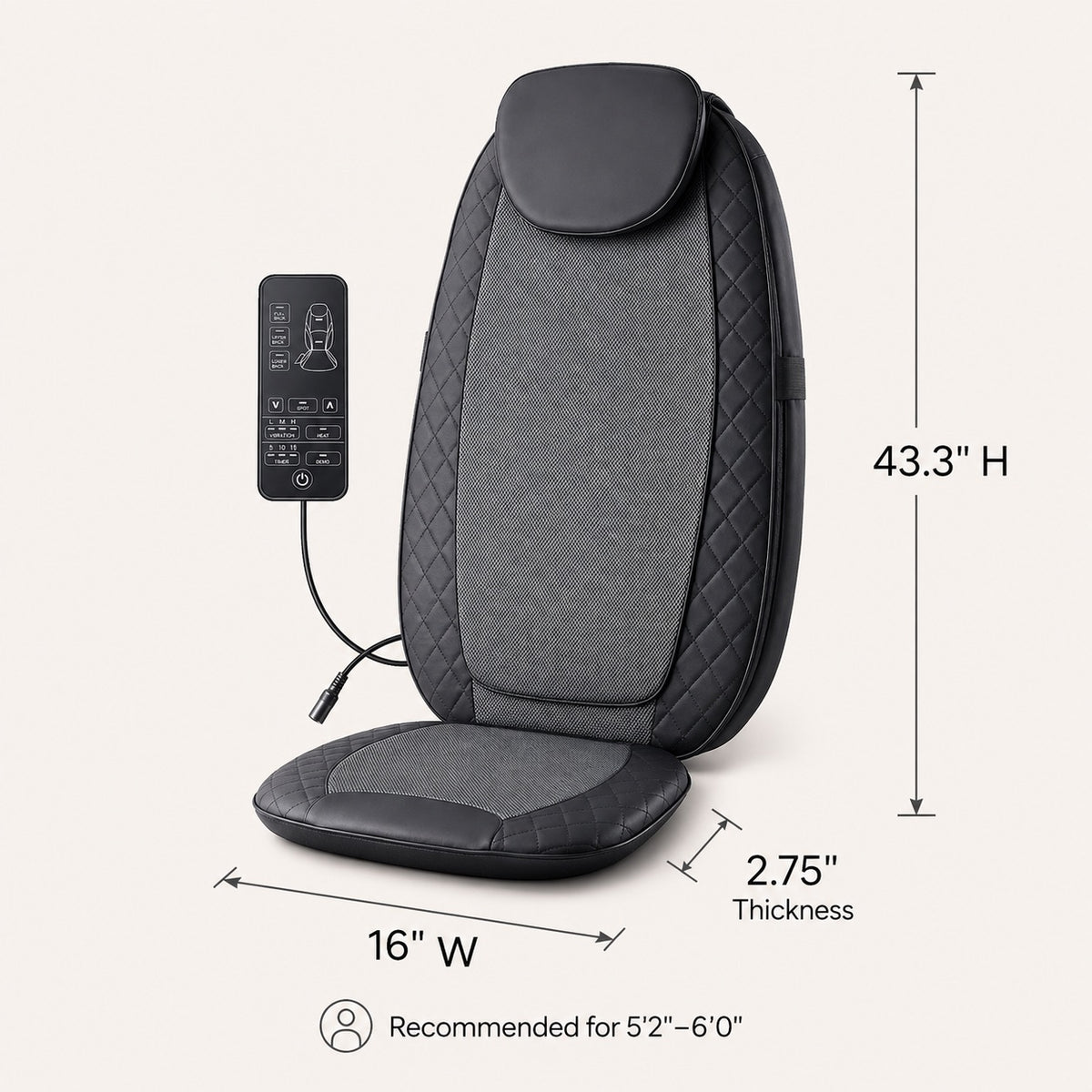 Warebay Back massage chair pad with wired remote, measuring 43.3 inches high, 16 inches wide and 2.75 inches thick