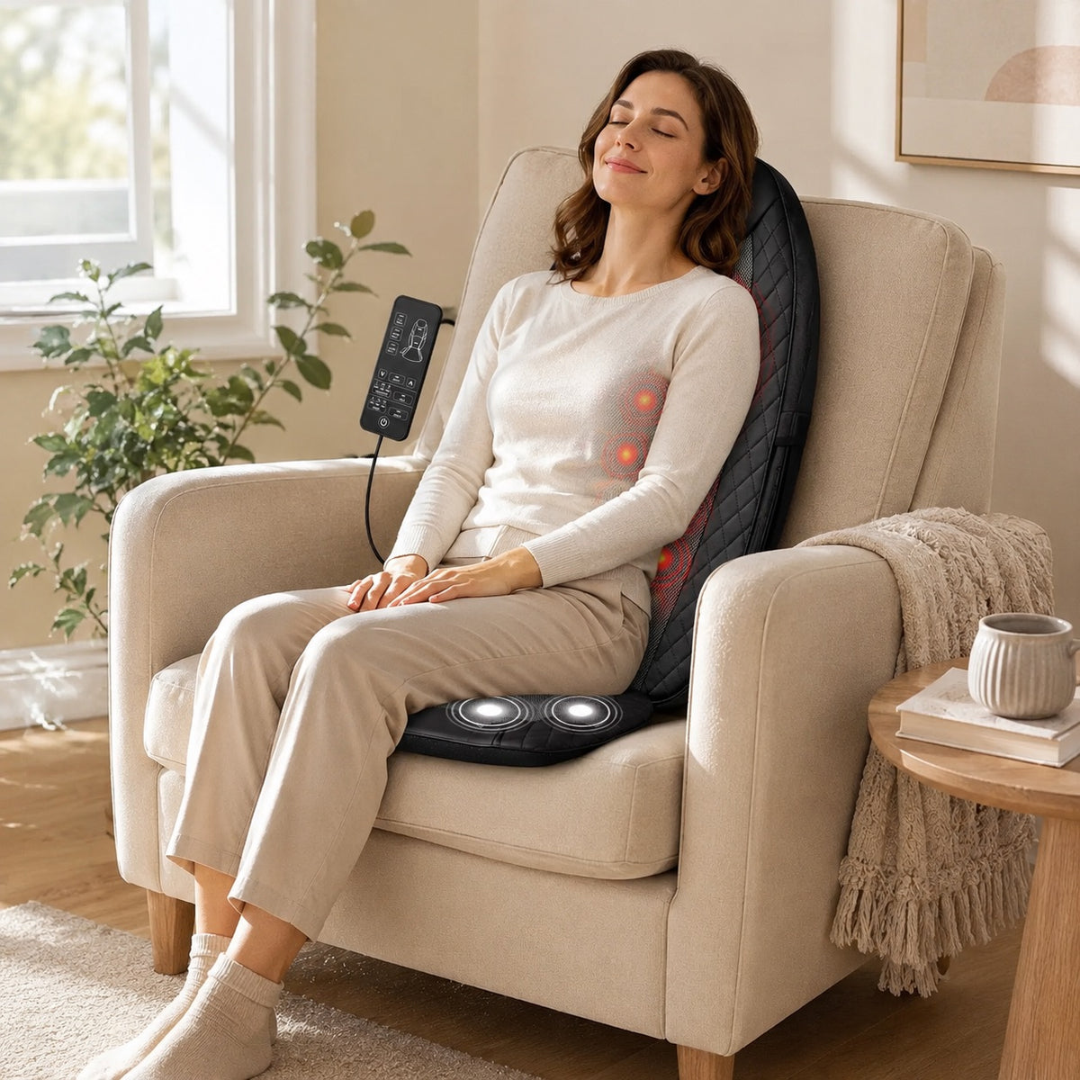 Woman relaxing in an armchair with Warebay heated back massager and vibrating seat cushion