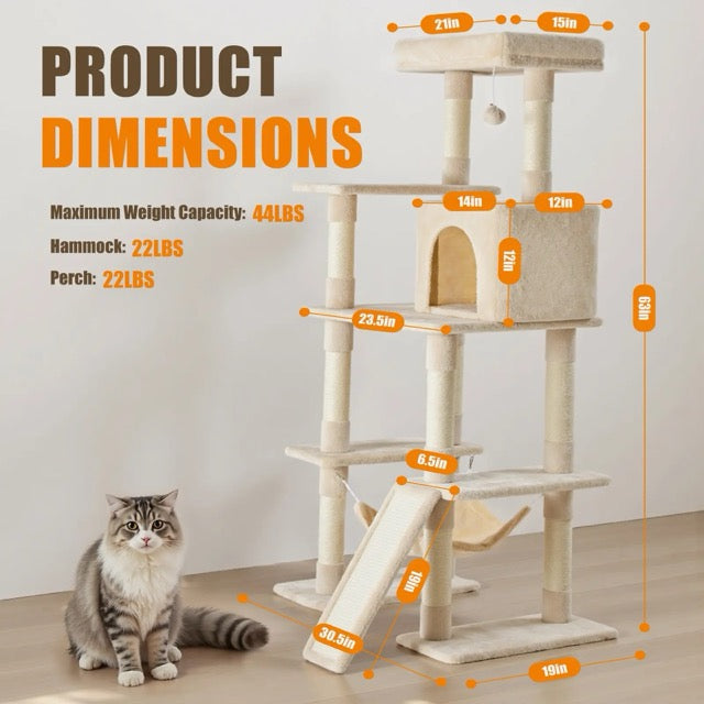 63 Inch Plush Multi-Level Cat Tree Tower