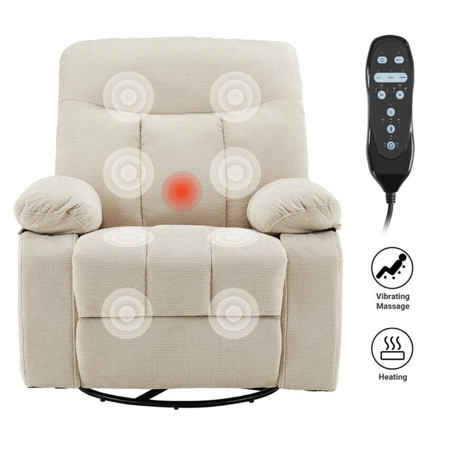 Chenille Swivel Rocker Recliner Chair with Heat, 8-Motor Vibration Massage & Manual Footrest