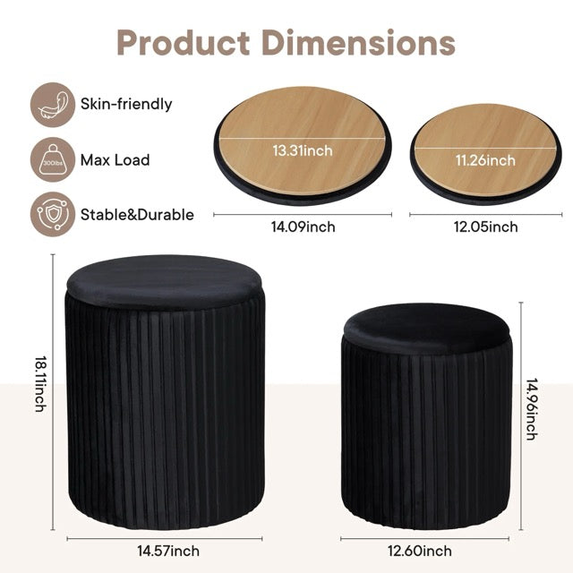Round Storage Ottoman Set of 2 – Velvet Stackable Footstool with Lid, Dressing Stool & Coffee Table