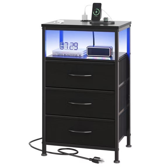 Nightstand with Charging Station – Bedside Table with 3/4/5 Fabric Drawers, LED Strip & USB/Type-C Ports