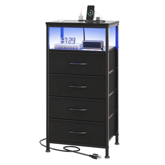 Nightstand with Charging Station – Bedside Table with 3/4/5 Fabric Drawers, LED Strip & USB/Type-C Ports