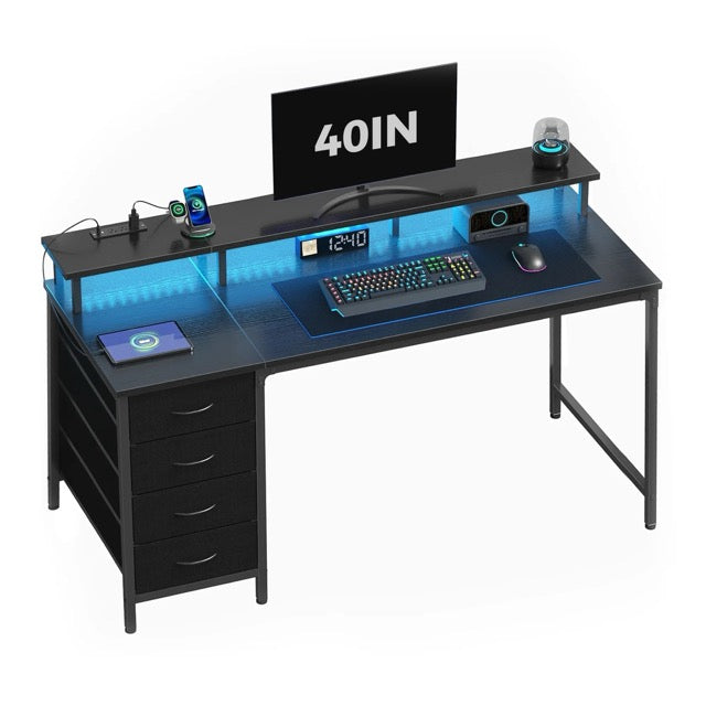 LED Computer Desk with Drawers and Charging