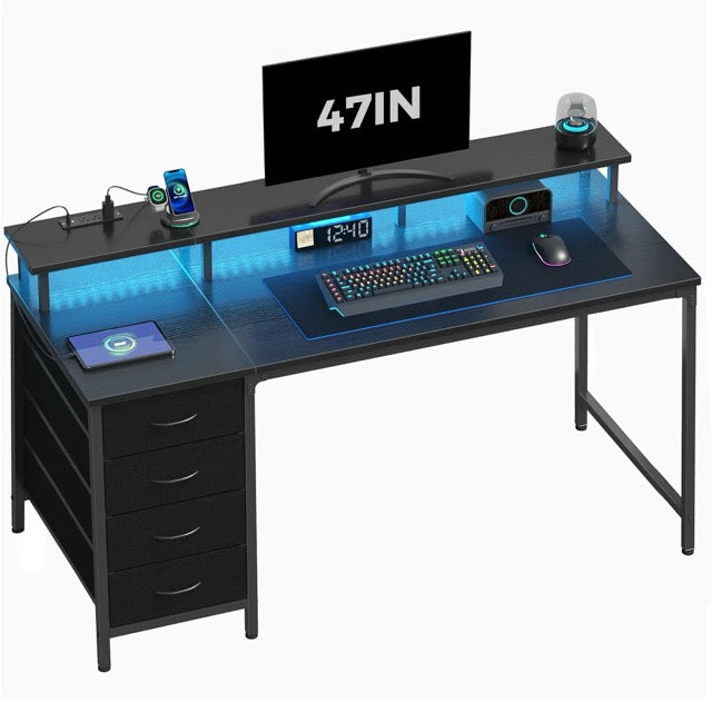 LED Computer Desk with Drawers and Charging