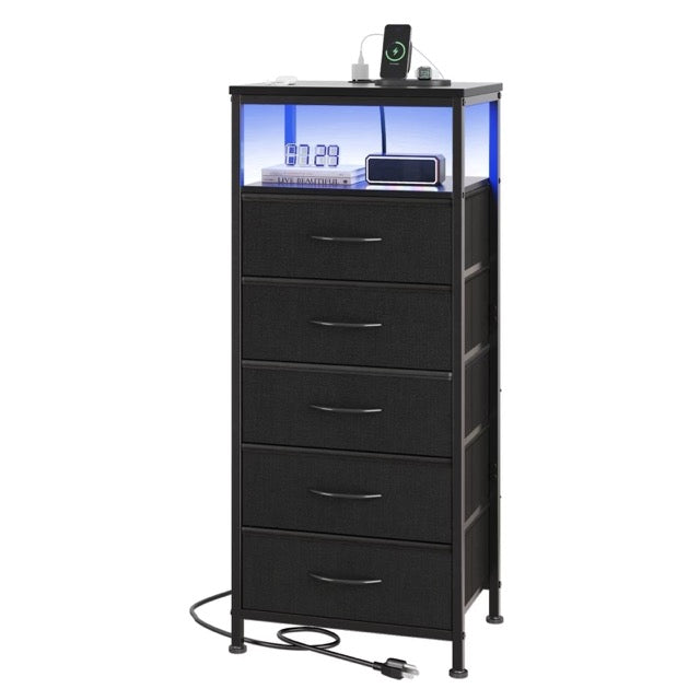 Nightstand with Charging Station – Bedside Table with 3/4/5 Fabric Drawers, LED Strip & USB/Type-C Ports