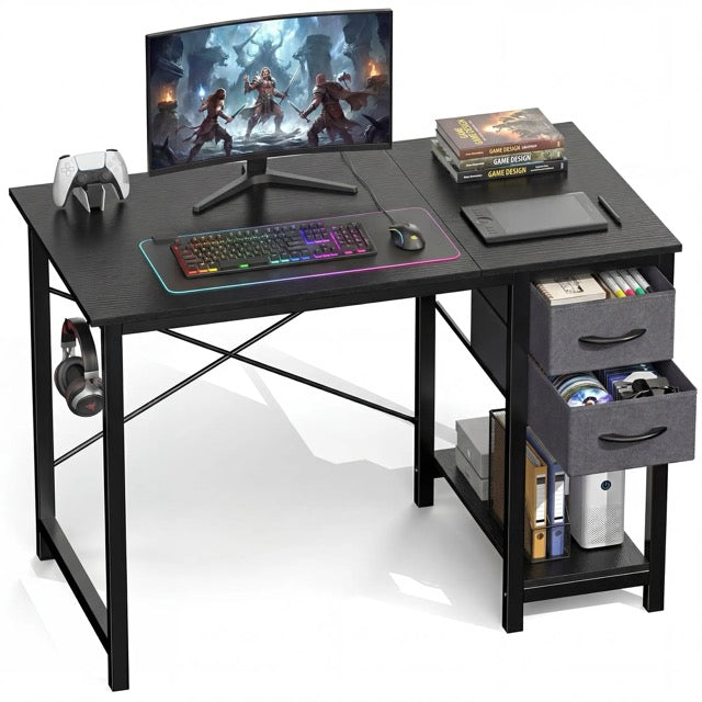 Computer Desk with Fabric Drawers & Side Hook – 47" Wooden Study & Home Office Desk