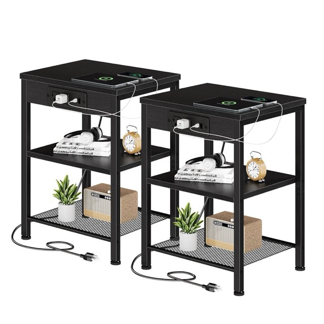 15.7" Side Table with Charging Station – 3-Tier Adjustable Bedside Table with AC Outlets, USB & Type-C