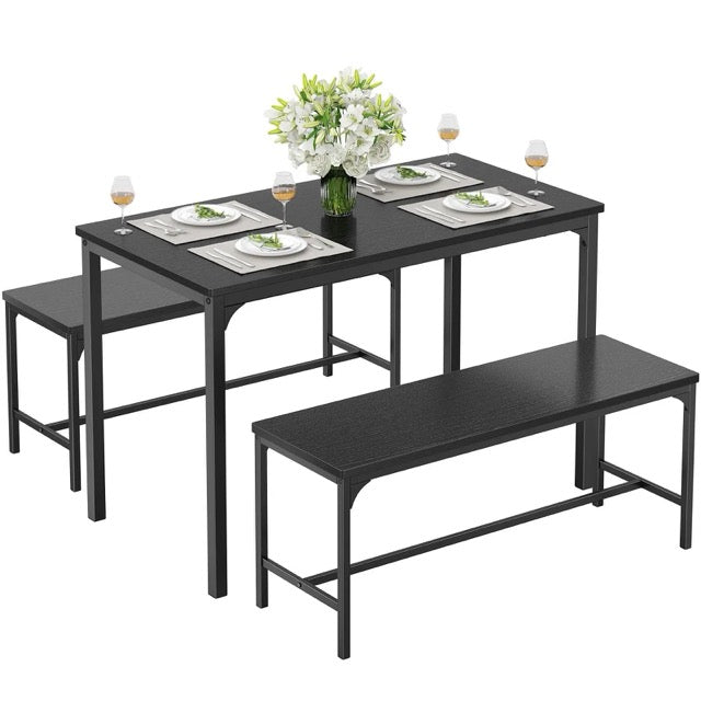 Dining Table Set for Small Spaces | 3 or 4-Piece with Storage Bench, Black & Gray