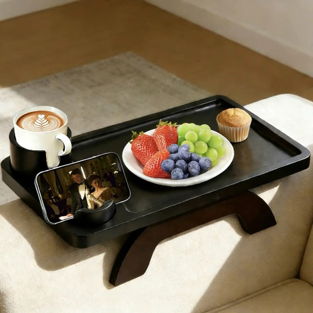 Sofa Armrest Tray with Cup Holder & Phone Stand – 3-in-1 Clip-On Acacia Wood Side Table