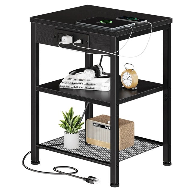 15.7" Side Table with Charging Station – 3-Tier Adjustable Bedside Table with AC Outlets, USB & Type-C