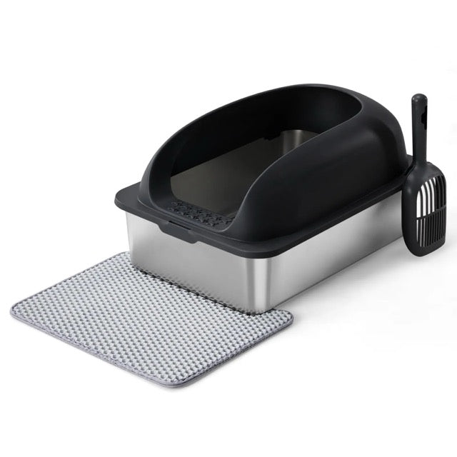 Large Stainless Steel Cat Litter Box with Lid, Scoop & Mat Included