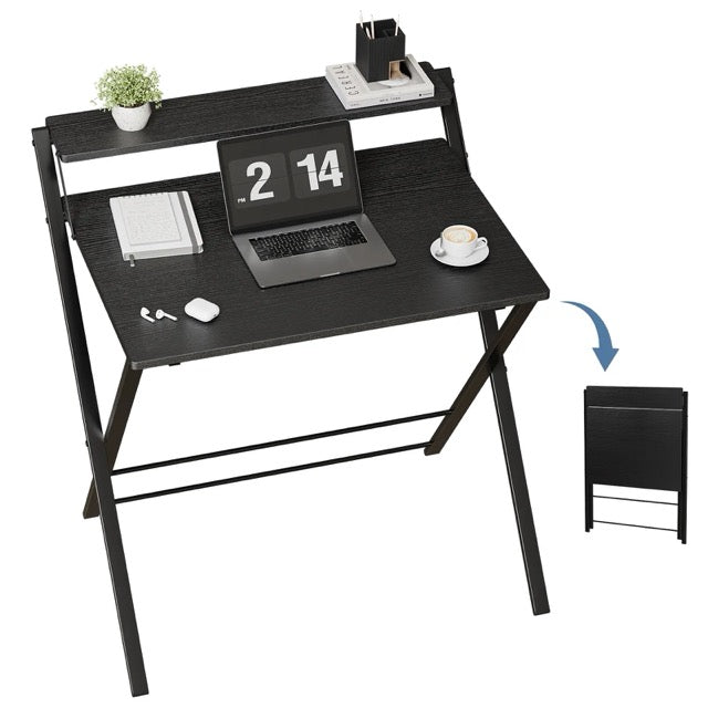 Folding Desk with Shelf – No Assembly, Space-Saving 2-Tier Computer Table for Home Office & Bedroom