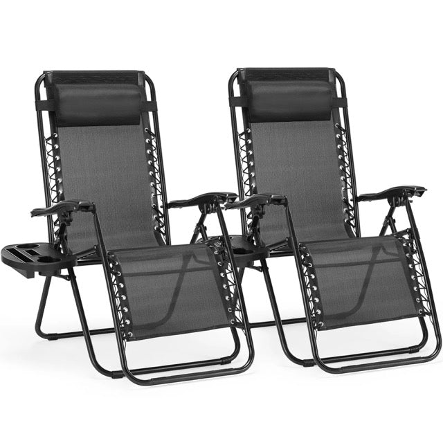 Set of 2 Folding Zero-Gravity Chaise Lounge Chairs with Removable Pillows & Side Trays