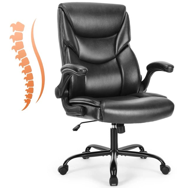 PU Leather Office Chair with Flip-Up Armrests & Lumbar Support – High Back Ergonomic Desk Chair