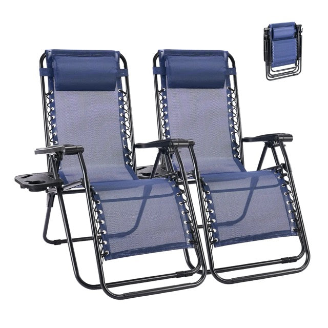 Set of 2 Folding Zero-Gravity Chaise Lounge Chairs with Removable Pillows & Side Trays
