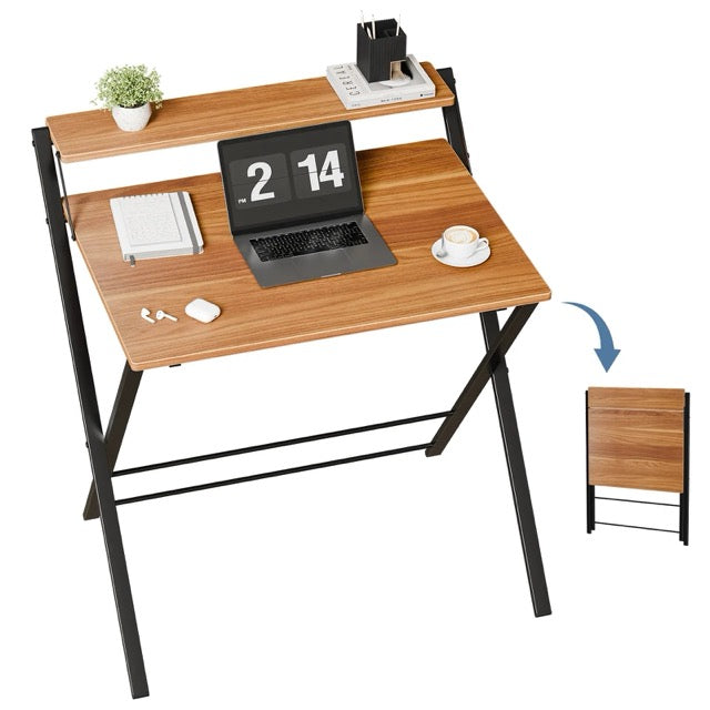 Folding Desk with Shelf – No Assembly, Space-Saving 2-Tier Computer Table for Home Office & Bedroom