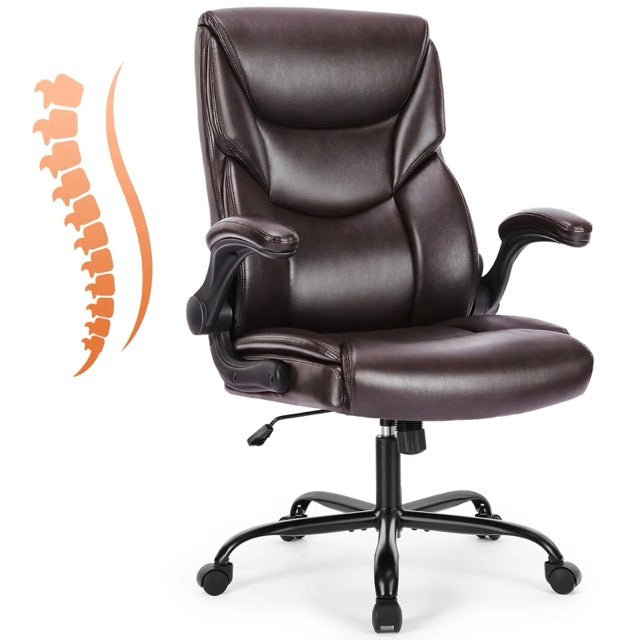 PU Leather Office Chair with Flip-Up Armrests & Lumbar Support – High Back Ergonomic Desk Chair