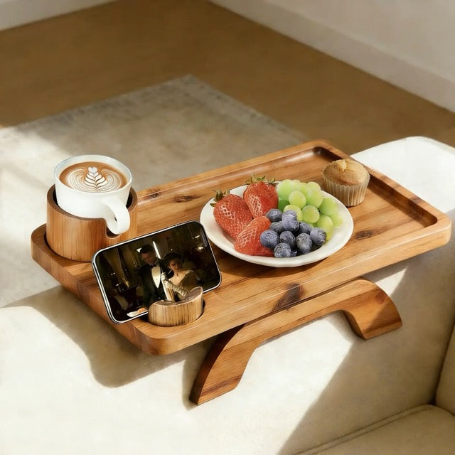 Sofa Armrest Tray with Cup Holder & Phone Stand – 3-in-1 Clip-On Acacia Wood Side Table