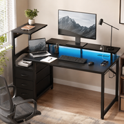 LED Computer Desk with Monitor Stand & Drawers