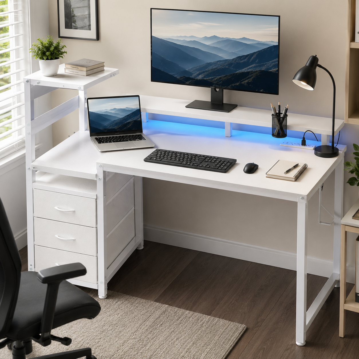 LED Computer Desk with Monitor Stand & Drawers
