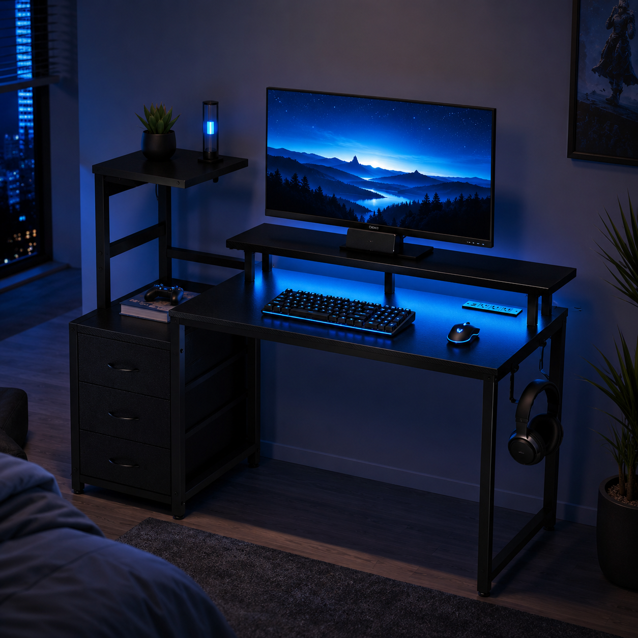 LED Computer Desk with Monitor Stand & Drawers