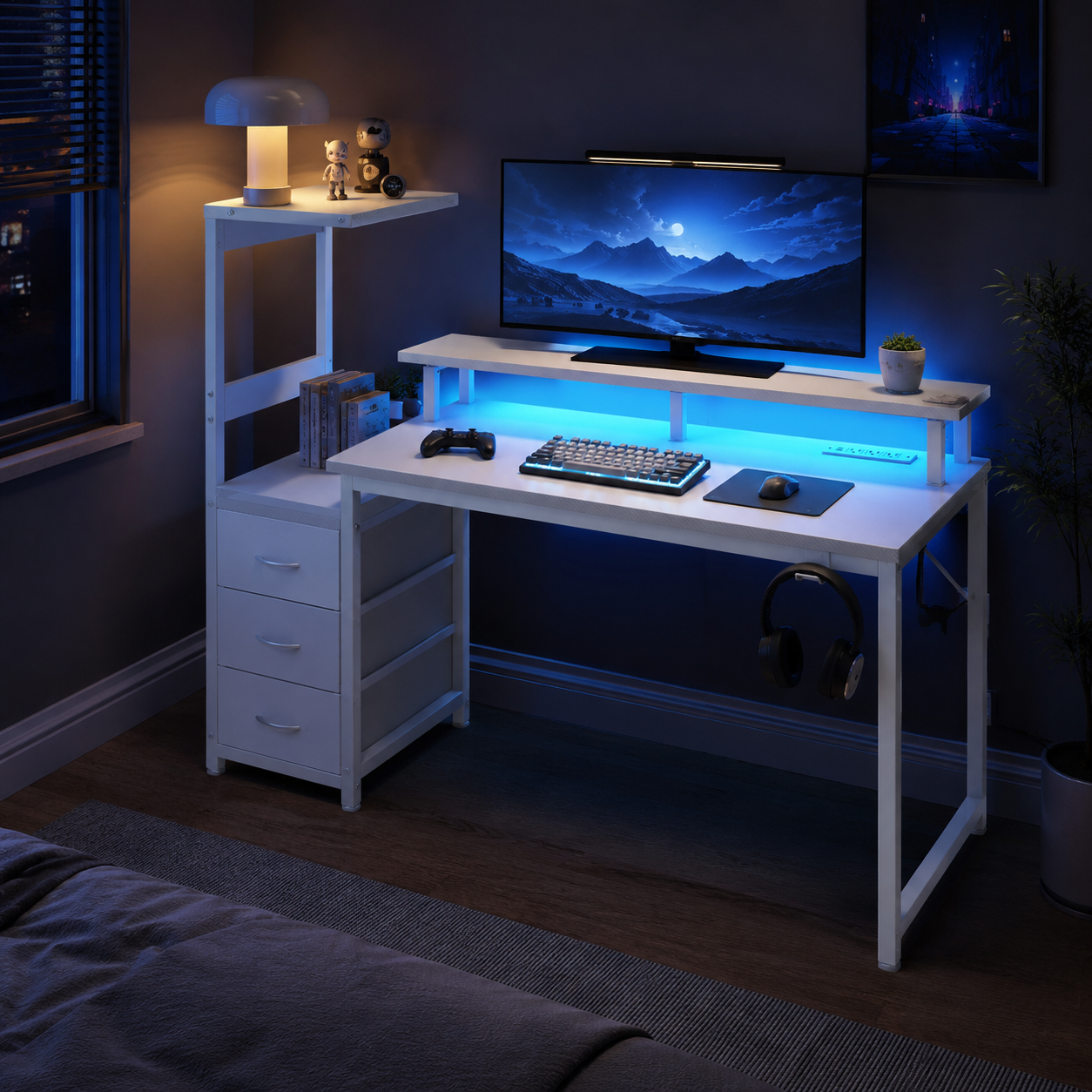LED Computer Desk with Monitor Stand & Drawers