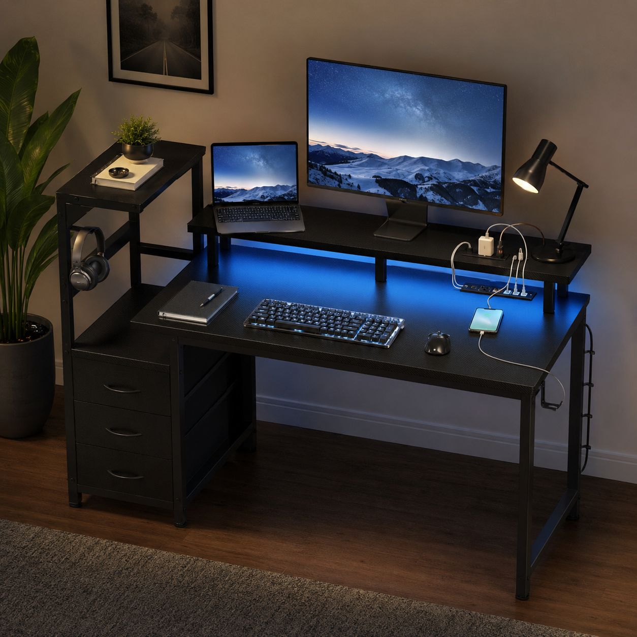 LED Computer Desk with Monitor Stand & Drawers